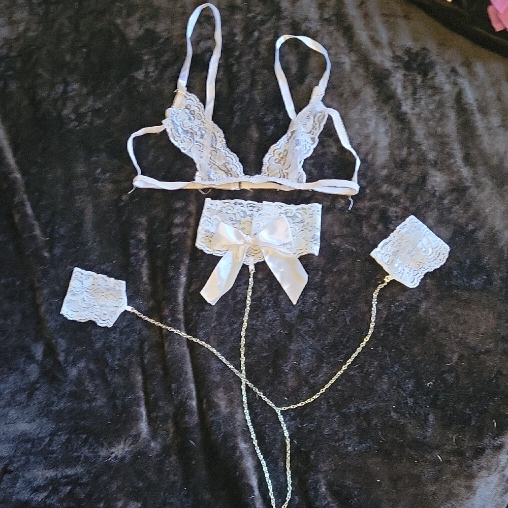White Lace Lingerie Set with Chains